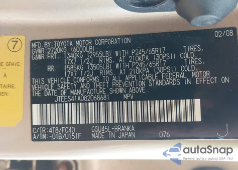 2008 Toyota Highlander из США, поврежденный, VIN JTEES41A082068681